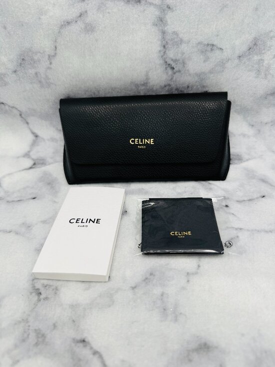 CELINE Sunglasses Case,Black Faux Leather Magnetic Case,Cleaning Cloth,Auth Card